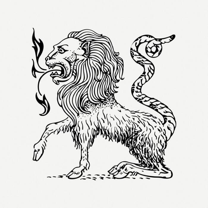 Crtež lava koji u ustima drži zmiju, prikazujući odnos predatora i plena kroz upečatljivu ilustraciju.